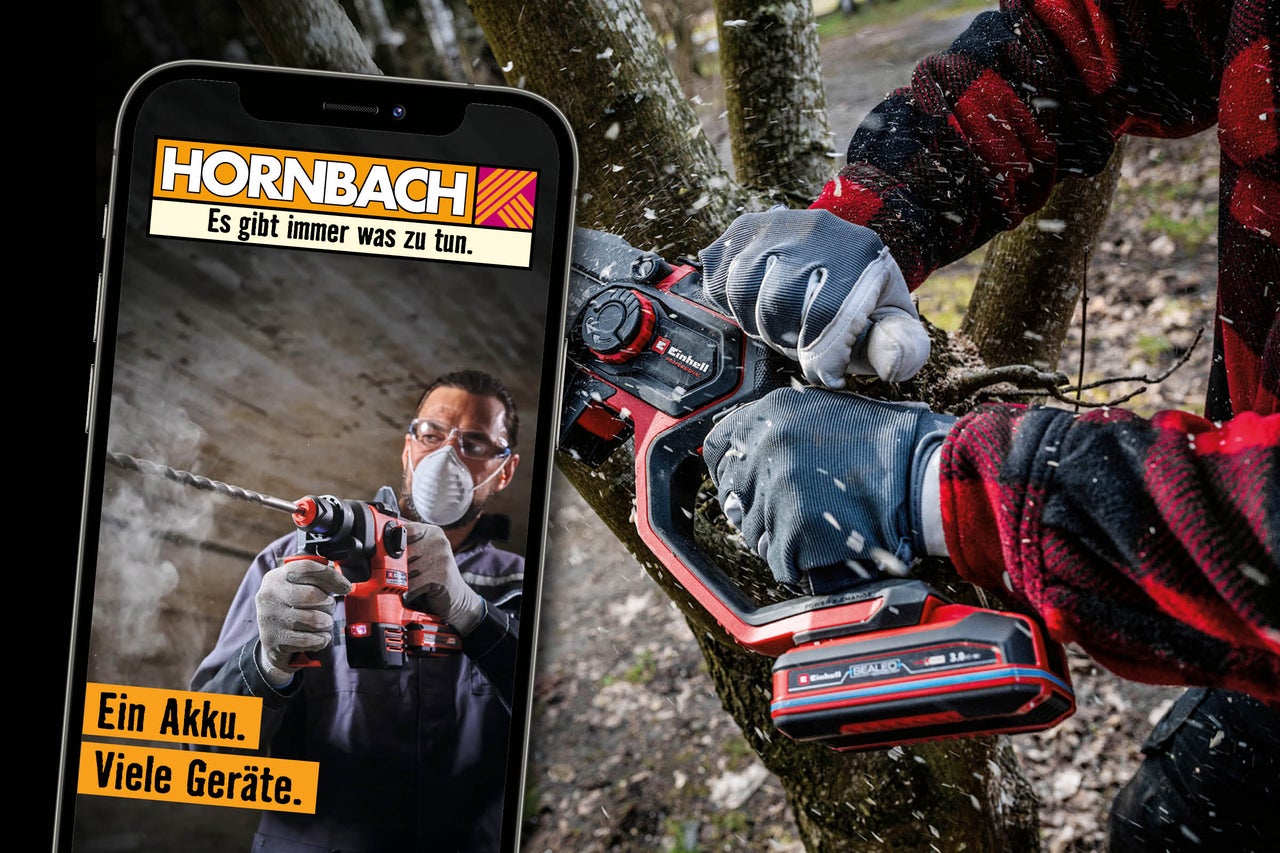 Smartphone zeigt Einhell Akkuwerkzeuge in Verwendung mit dem Hornbach Logo und Slogan Es gibt immer was zu tun sowie Ein Akku Viele Geräte