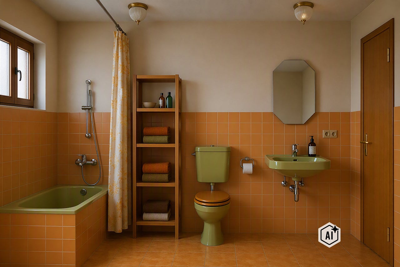 Badezimmer im Retro Stil mit orangefarbenen Fliesen, grüner Badewanne, grüner Toilette und grünem Waschbecken mit Holzregal. Bild ist als KI-modifiziert gekennzeichnet.