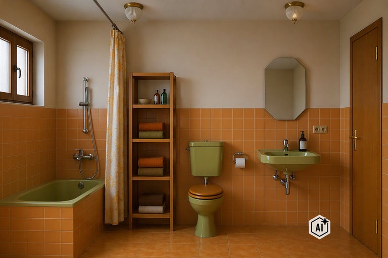 Badezimmer im Retro Stil mit orangefarbenen Fliesen, grüner Badewanne, grüner Toilette und grünem Waschbecken mit Holzregal. Bild ist als KI-modifiziert gekennzeichnet.