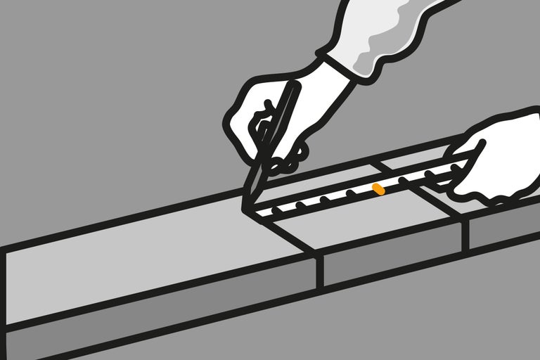 Illustration: Hand zeichnet Linie mit Bleistift und Lineal auf Werkstück
