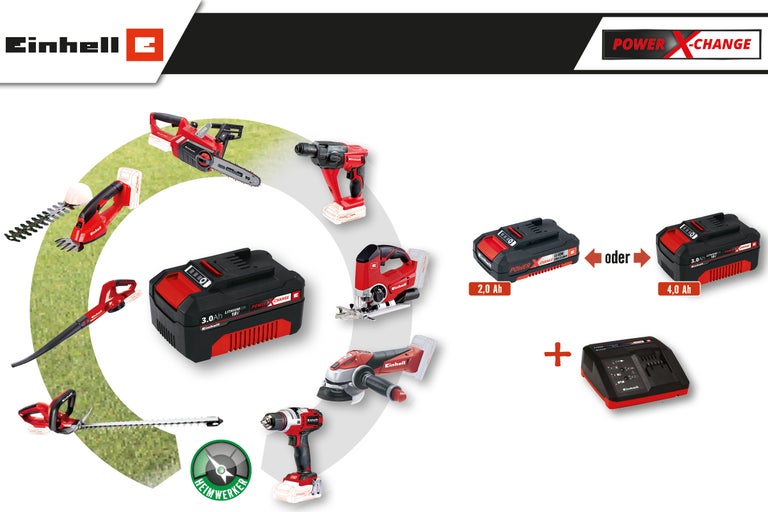 Einhell Power X-Change Akku-System mit verschiedenen Werkzeugen, Akkus und Ladegerät