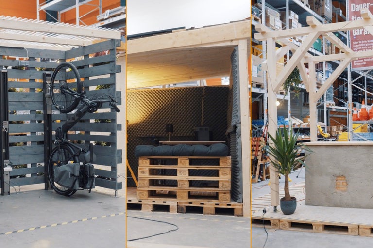Szenenbild mit Fahrradunterstand, Schallschutzkabine und Gartenbar im Innenraum