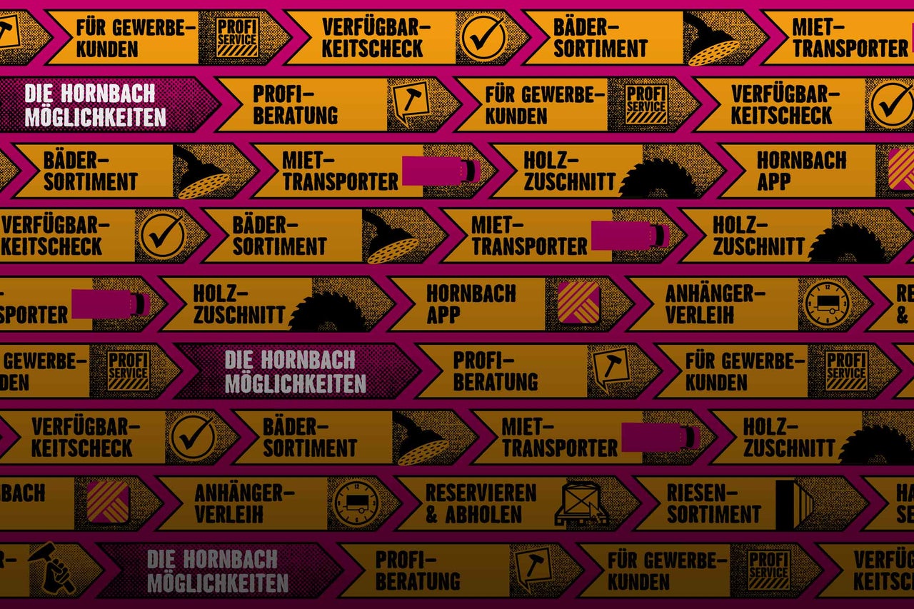Grafik mit Hinweisen zu Hornbach Services wie Badersortiment, Holz Zuschnitt und Miet Transporter