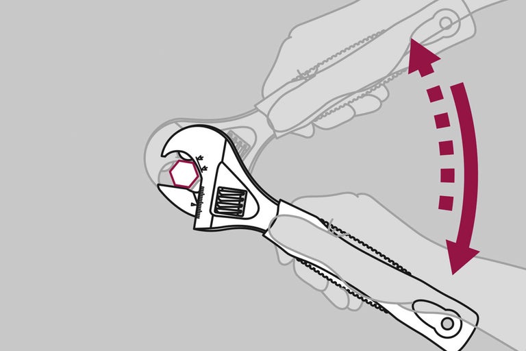 Illustration einer Hand, die einen Schraubenschlüssel benutzt, um eine Schraube festzuziehen, mit einem bogenförmigen Pfeil, der die Drehbewegung anzeigt.