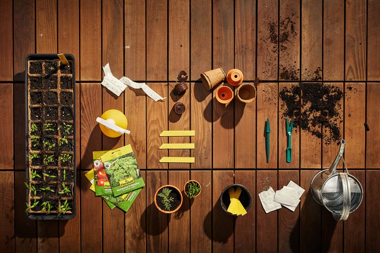 Aussaat-Szene mit Pflanzgefäßen, Samen und Gartengeräten auf Holztisch