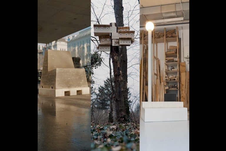 Kollage aus Außen- und Innenaufnahmen von Produkten für den Außenbereich, darunter Betonprodukte, ein Nistkasten und eine Außenleuchte.