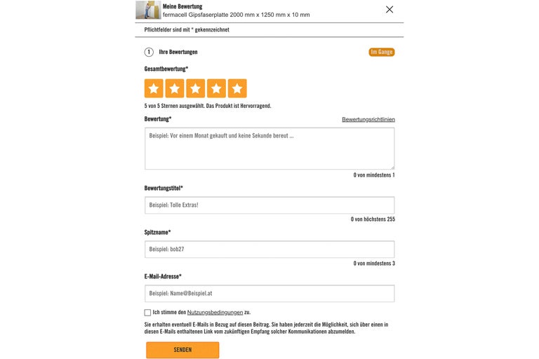 Bewertungsformular für eine Fermacell Gipsfaserplatte 2000 mm x 1250 mm x 10 mm