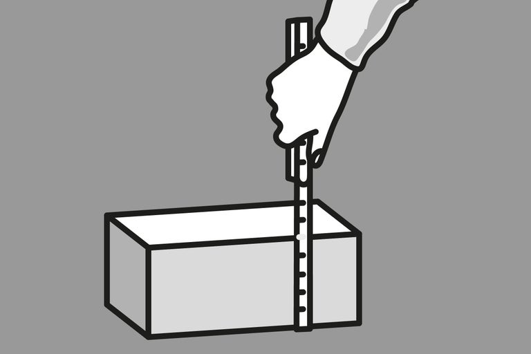 Illustration einer Hand, die ein Maßband an einem Quader anlegt