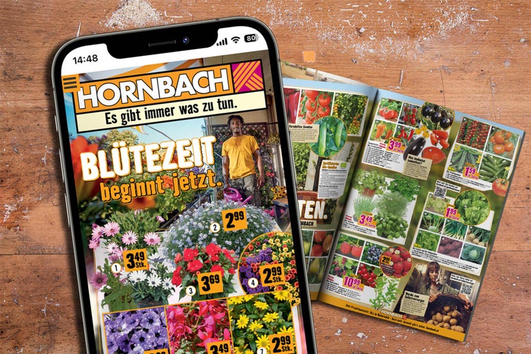 Hornbach Logo auf einem Smartphone mit digitalem Gartenkatalog neben einem gedruckten Hornbach Prospekt auf einer Holzoberfläche.