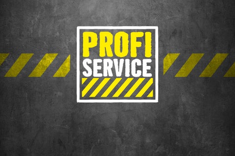 Profi Service Schriftzug auf dunklem Untergrund mit Warnstreifen