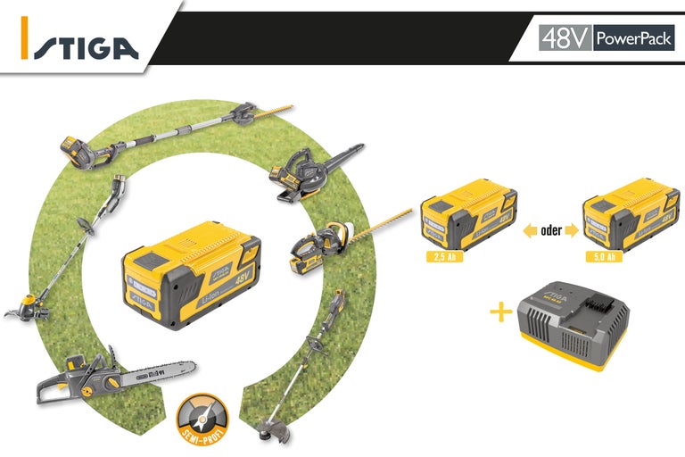 Stiga 48 Volt Power Pack mit Gartengeräten, 2,5 Ah oder 5,0 Ah Akku und Ladegerät