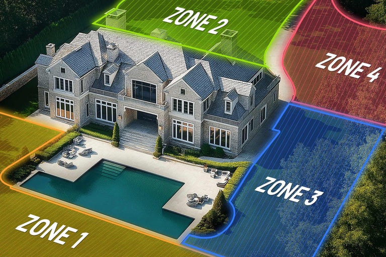 Luftaufnahme eines Hauses mit vier Zonen: Rasen, Dach, Garten und Auffahrt