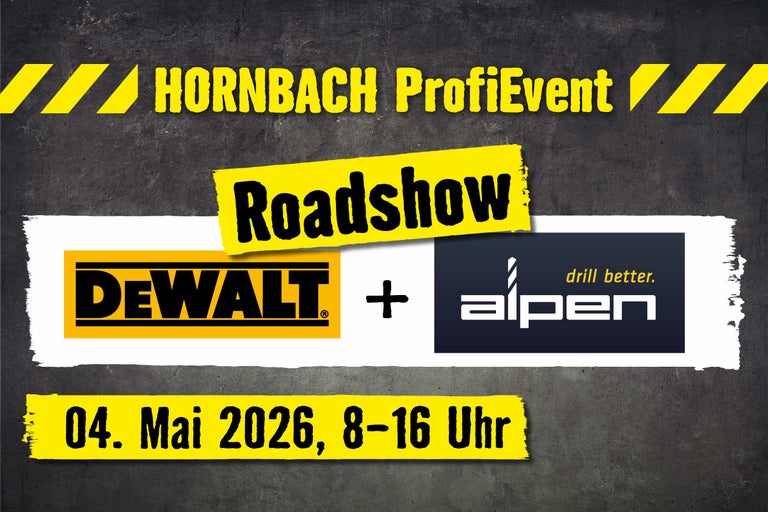 Hornbach ProfiEvent Roadshow mit DeWALT Logo und alpen Logo am 4. Mai 2026 von 8 bis 16 Uhr.