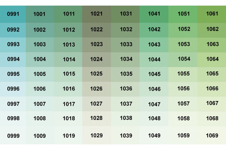 Farbmusterkarte mit verschiedenen Farbnuancen und Nummern