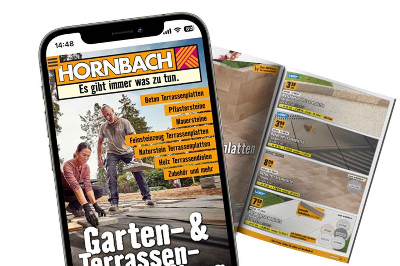 Hornbach Garten- und Terrassen Katalog auf einem Smartphone und als Broschüre