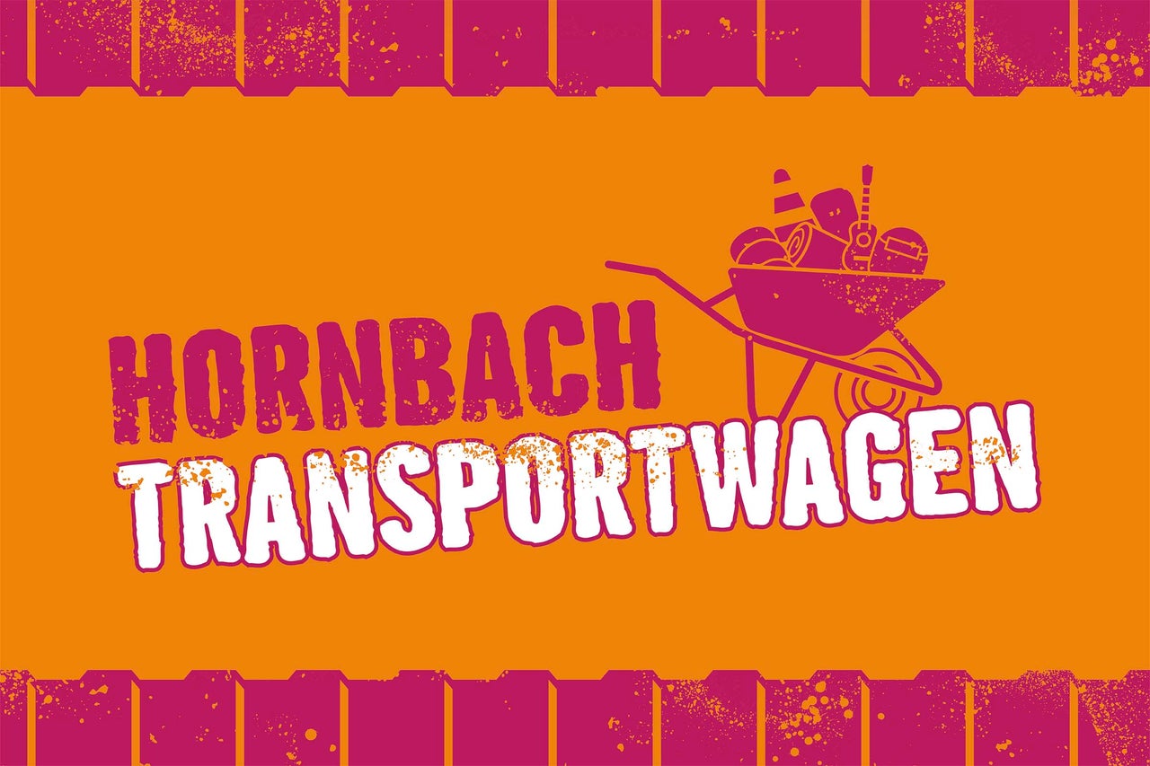Hornbach Logo mit dem Text Transportwagen und einer Abbildung einer beladenen Scheibtruhe.