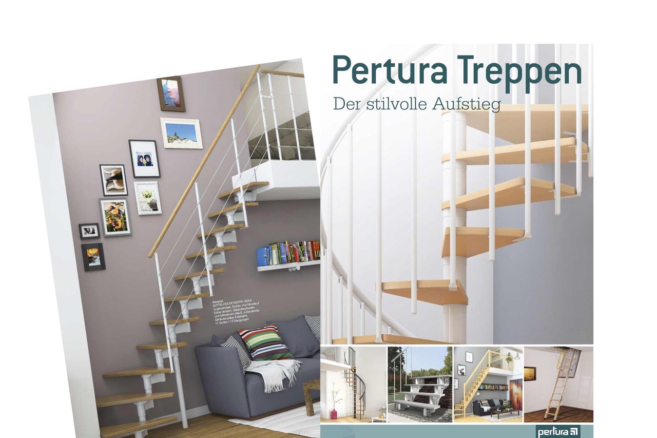 Pertura Treppe, Raumansicht mit Wendeltreppe und gerader Treppe.
