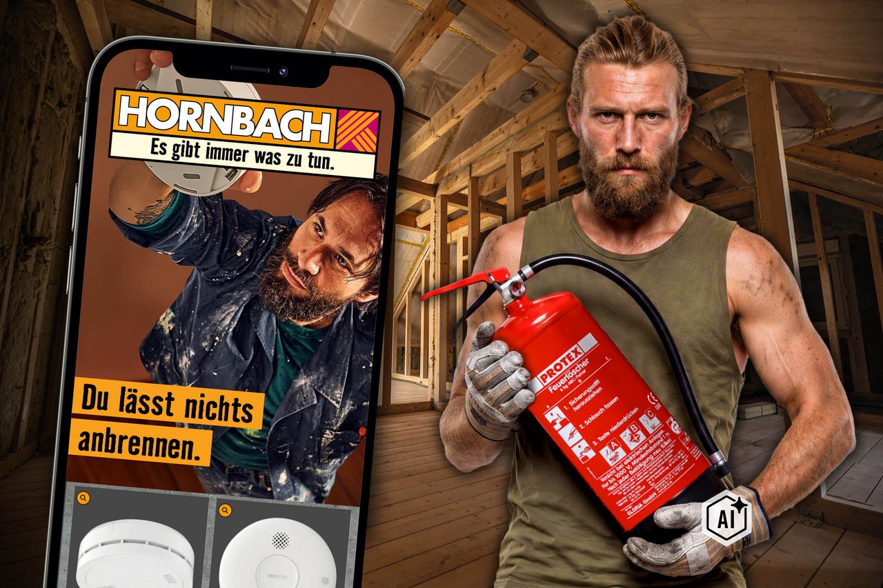 Ein Handwerker hält einen Feuerlöscher in einem Dachgeschossrohbau, neben ihm ein Smartphone mit der Hornbach App und einem Rauchmelderbild.