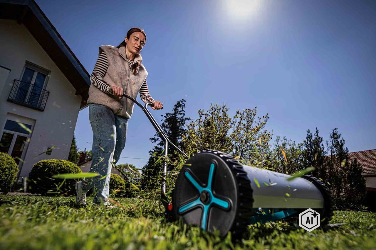 Eine Frau bedient einen Laub- und Rasensammler auf einer Rasenfläche in einem sonnigen Garten vor einem Wohnhaus. Bild ist als KI-modifiziert gekennzeichnet.