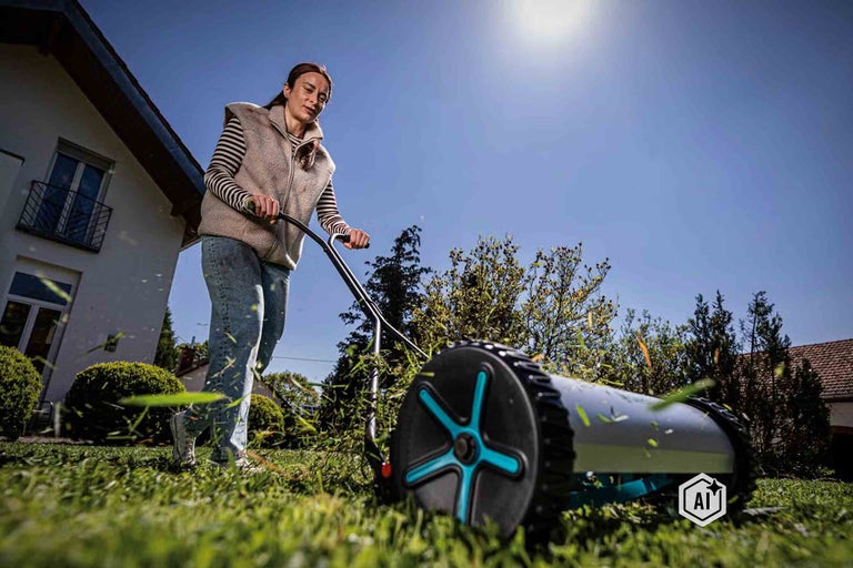 Eine Frau bedient einen Laub- und Rasensammler auf einer Rasenfläche in einem sonnigen Garten vor einem Wohnhaus. Bild ist als KI-modifiziert gekennzeichnet.