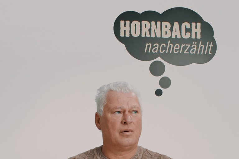 Mann mit einer Sprechblase mit dem Text Hornbach nacherzählt.