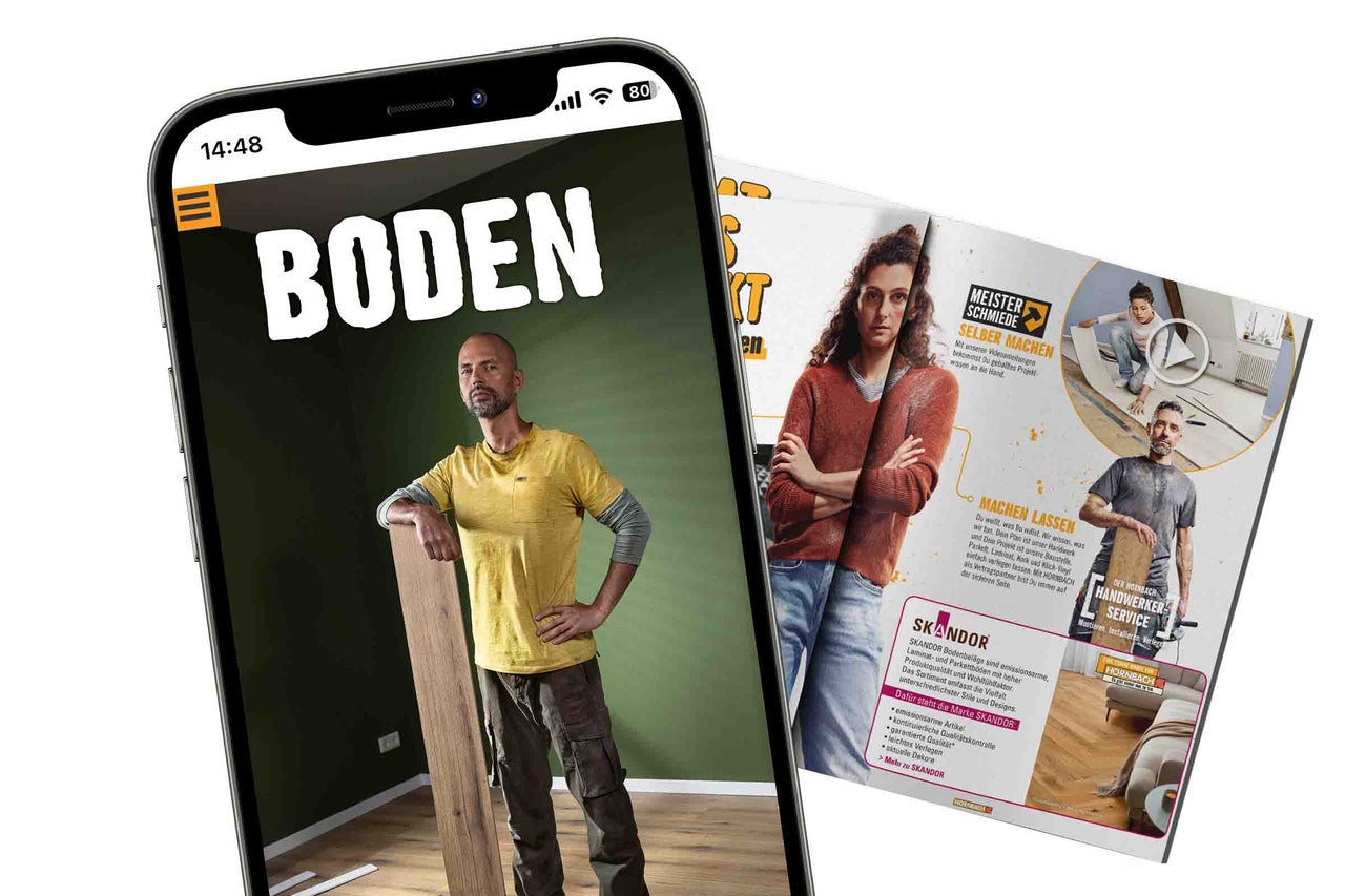 Ein Smartphone und eine Zeitschrift zeigen Bodenbeläge und Handwerkerservice.