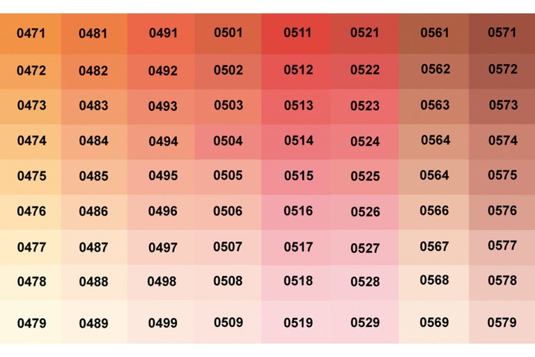 Farbmusterkarte mit Farbnummern von 0471 bis 0579