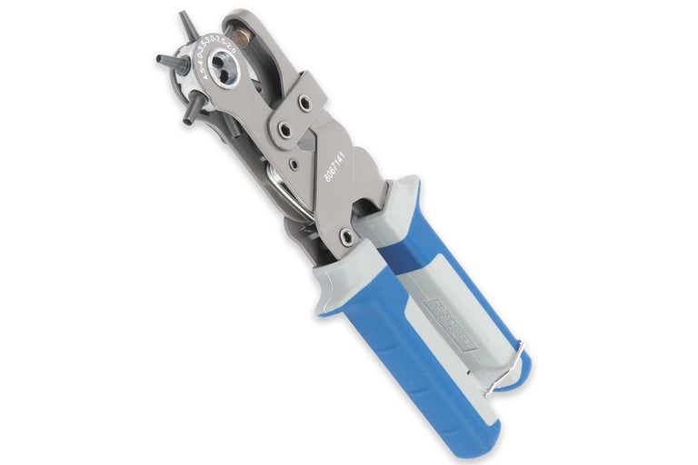 Revolverlochzange mit blau-grauen Griffen