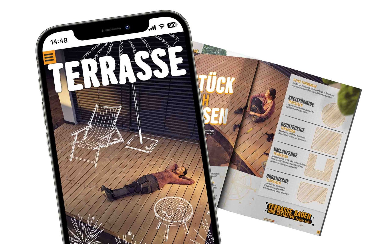 Smartphone mit Hornbach Terrassen App neben einer Zeitschrift zum Thema Terrassenbau