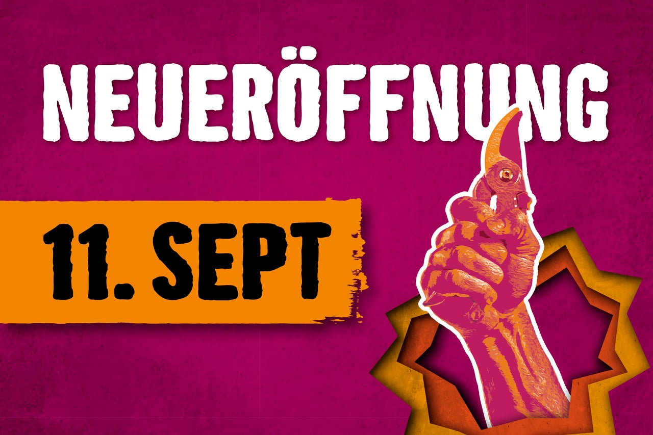 Grafik zur Neueröffnung am 11. September mit einer Hand, die eine Gartenschere hält.