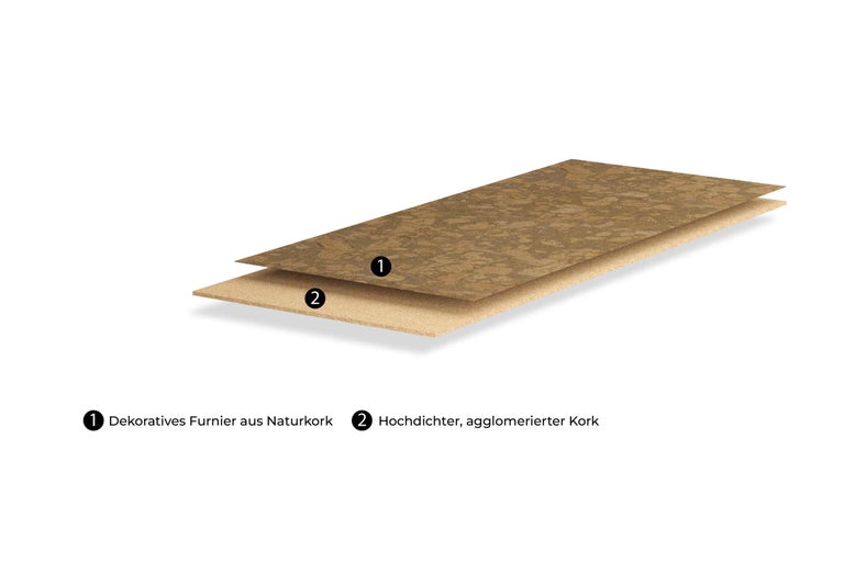 Korkplattenaufbau mit dekorativem Naturkorkfurnier und hochdichtem, agglomeriertem Kork