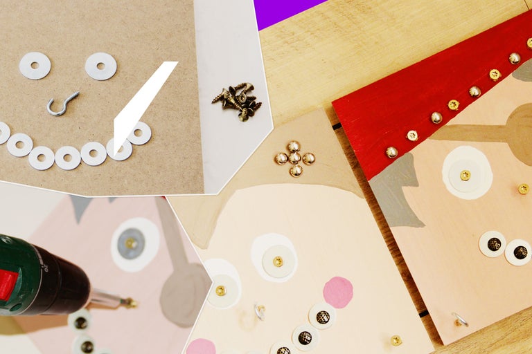 Kreatives Bastelprojekt mit Holz, Schrauben, Unterlegscheiben und Werkzeug für Heimwerker.