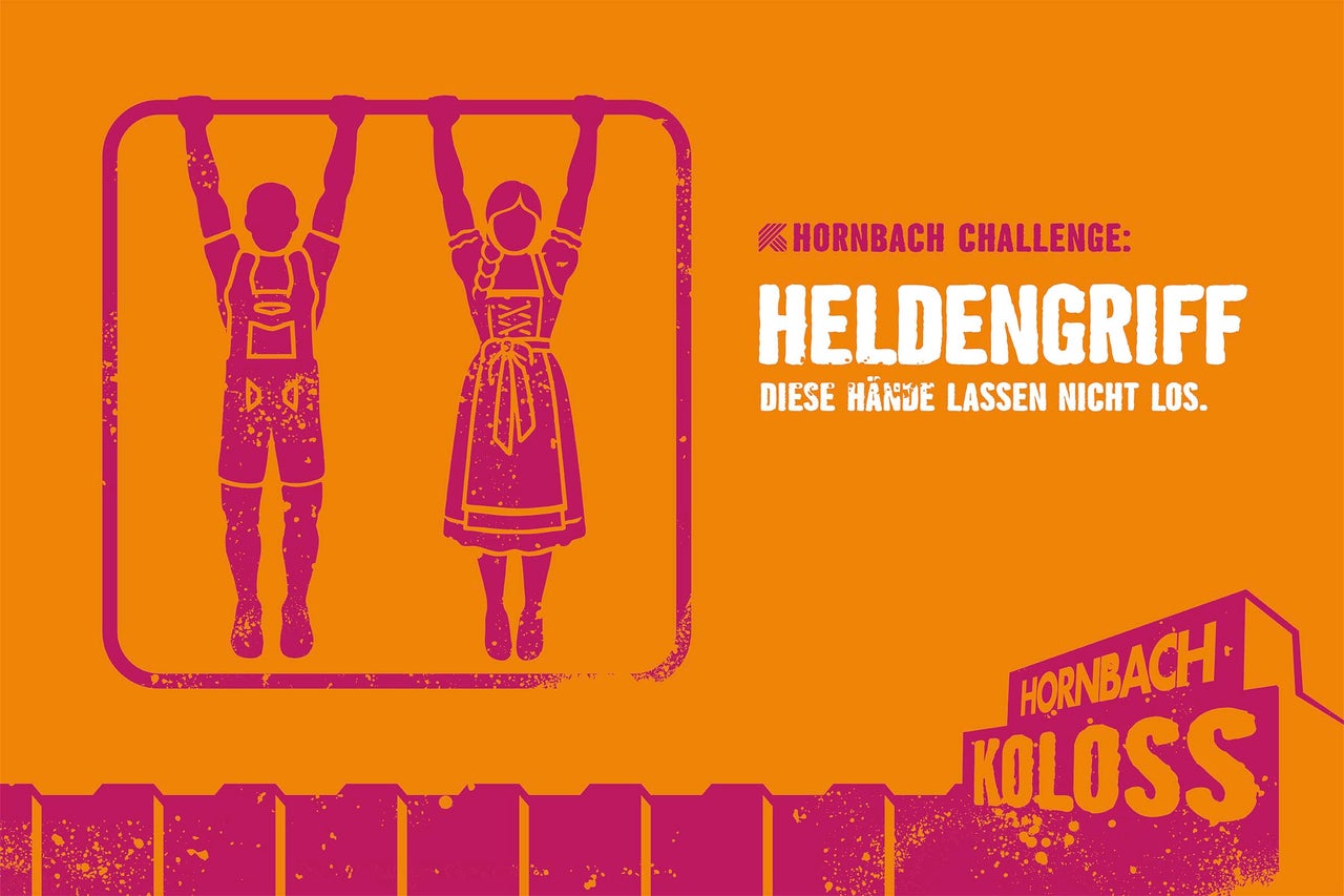 Hornbach Challenge Heldengriff Logo mit Silhouetten von Personen an einer Stange und Hornbach Koloss Logo.