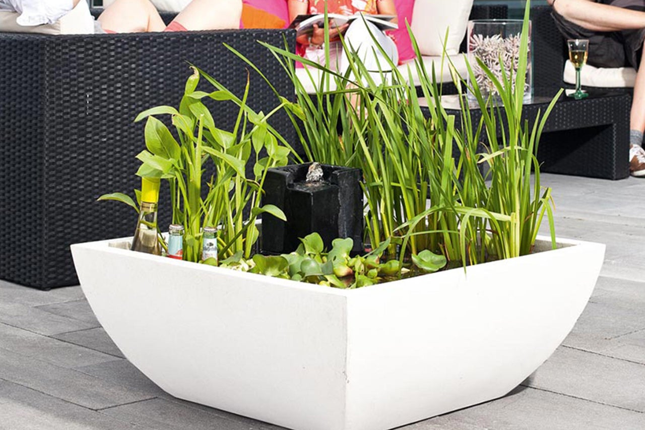 Dekorativer Miniteich in einem weißen Pflanzgefäß mit Springbrunnen und Bepflanzung