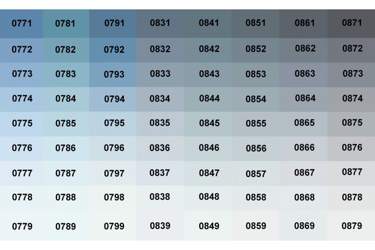 Farbmusterkarte mit Farbnummern von 0771 bis 0879