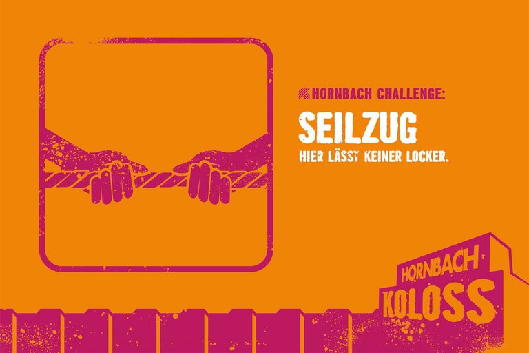Hornbach Logo. Grafik einer Hornbach Challenge zum Thema Seilzug mit dem Text Hier lässt keiner locker.