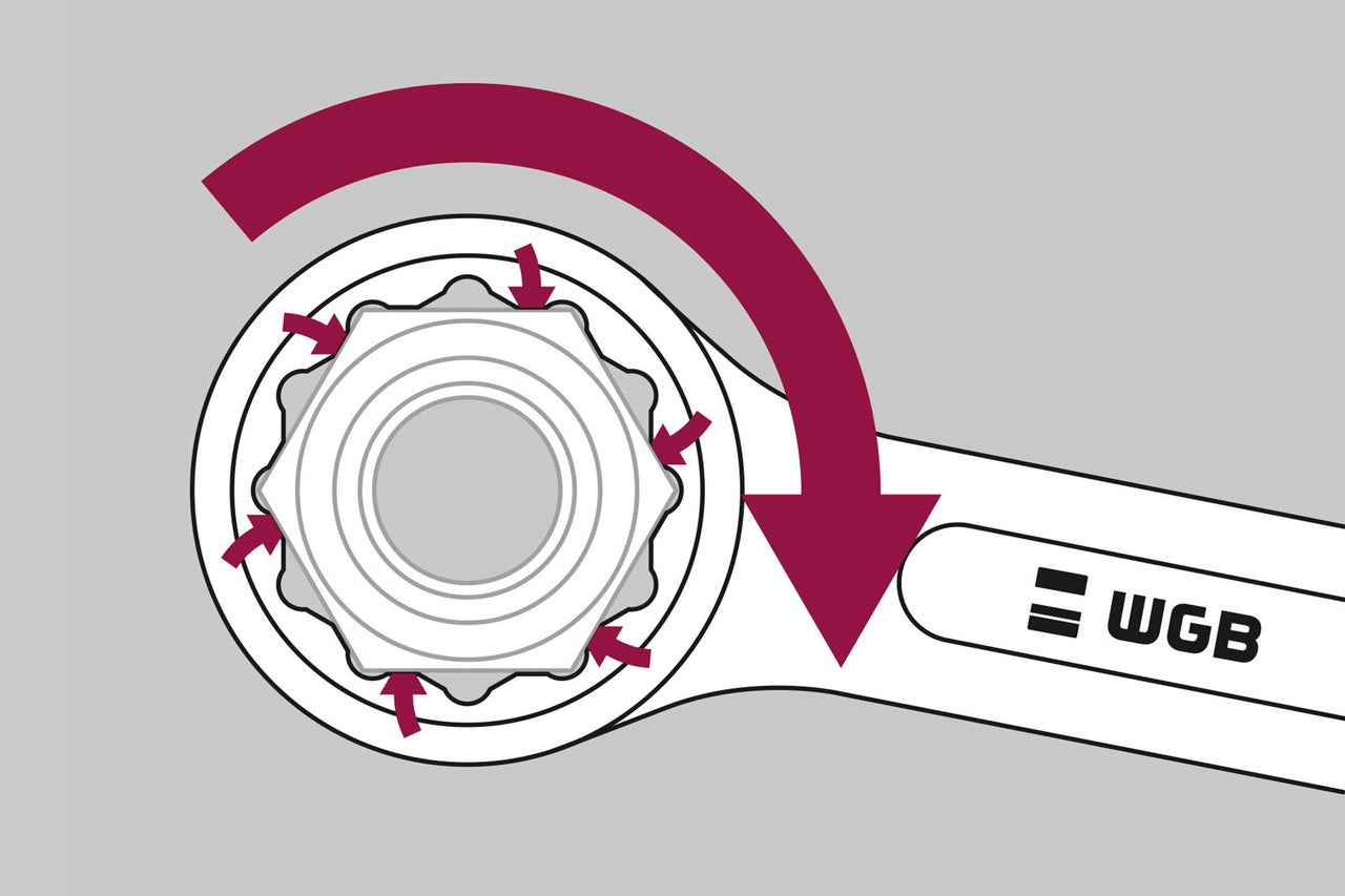 Illustration einer Drehbewegung mit einem Schraubenschlüssel und dem WGB Logo
