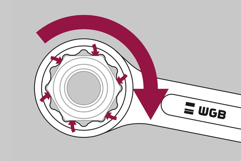 Illustration einer Drehbewegung mit einem Schraubenschlüssel und dem WGB Logo