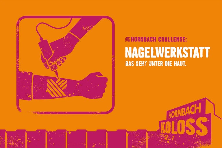 Hornbach Challenge Nagelwerkstatt. Illustration einer Hand, die das Hornbach Logo auf einen Arm tätowiert. Hornbach Logo und Hornbach Koloss Logo.
