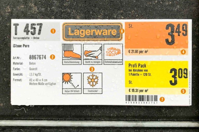 Etikett für iStone Pure Terrassenplatte aus Beton mit Produktinformationen wie Artikelnummer, Material, Gewicht, Format, Rutschhemmung, UV-Schutz, Frostsicherheit und Preisangaben
