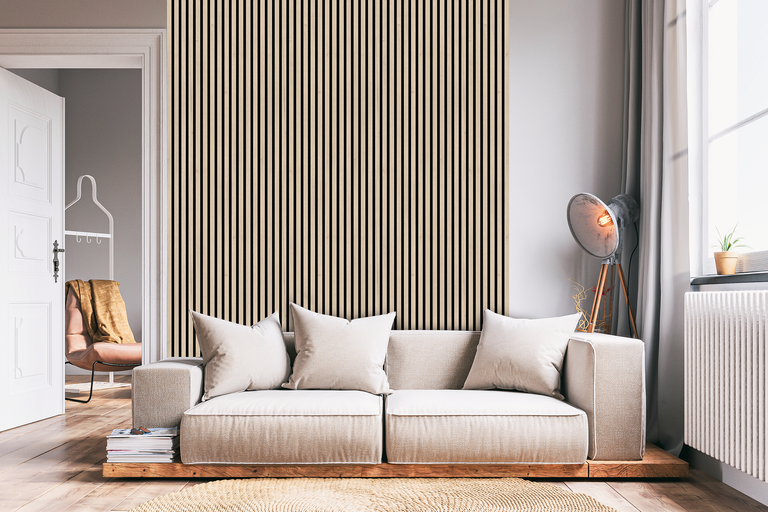 Wohnzimmer mit Akustikpaneelen an der Wand und einem Sofa