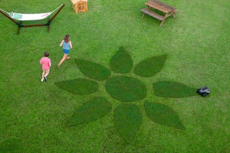 Szene mit Rasen, auf dem ein Blumenmuster gemäht ist, einer Hängematte, einem Picknicktisch, einem kleinen Holzhaus und einem Rasenmähroboter