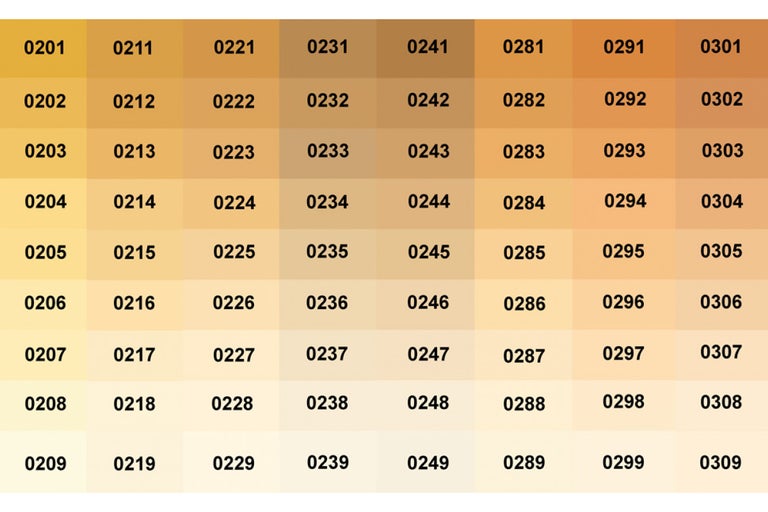 Farbmusterkarte mit verschiedenen Gelbtönen und zugehörigen Nummern