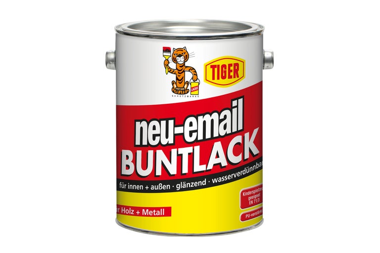 Dose Buntlack für innen und außen, geeignet für Holz und Metall. Marke Tiger