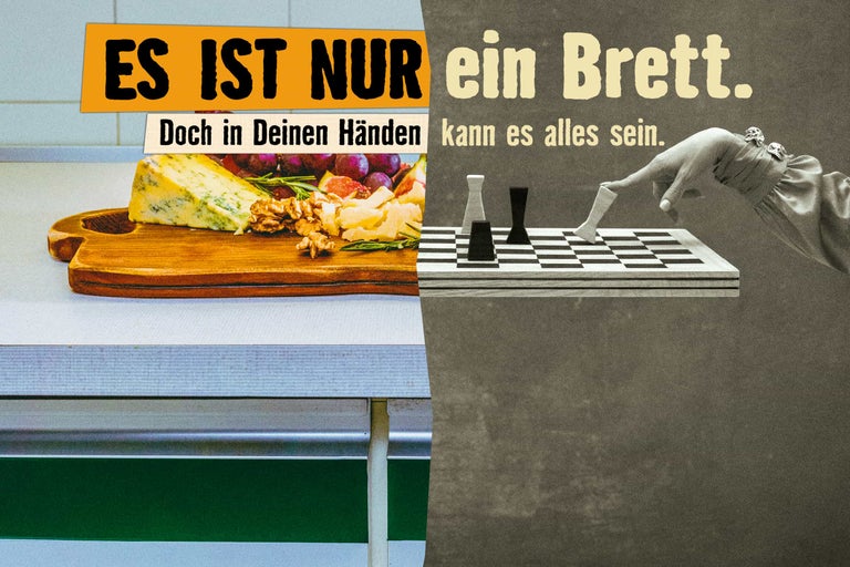 Holzbrett in zwei Anwendungen: links als Servierbrett mit Käse, rechts als Schachbrett mit Hand. Text: Es ist nur ein Brett.