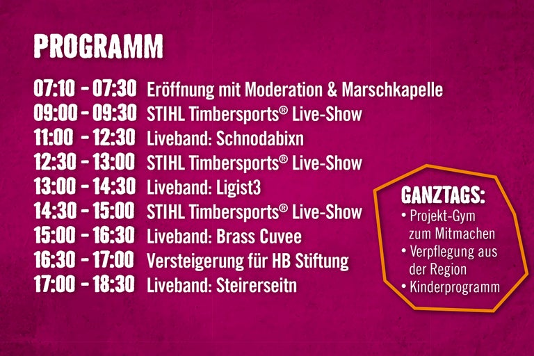 Programmübersicht mit Zeitplan für STIHL Timbersports Live Shows und Livebands sowie ganztägigen Angeboten wie Projekt Gym und Verpflegung.