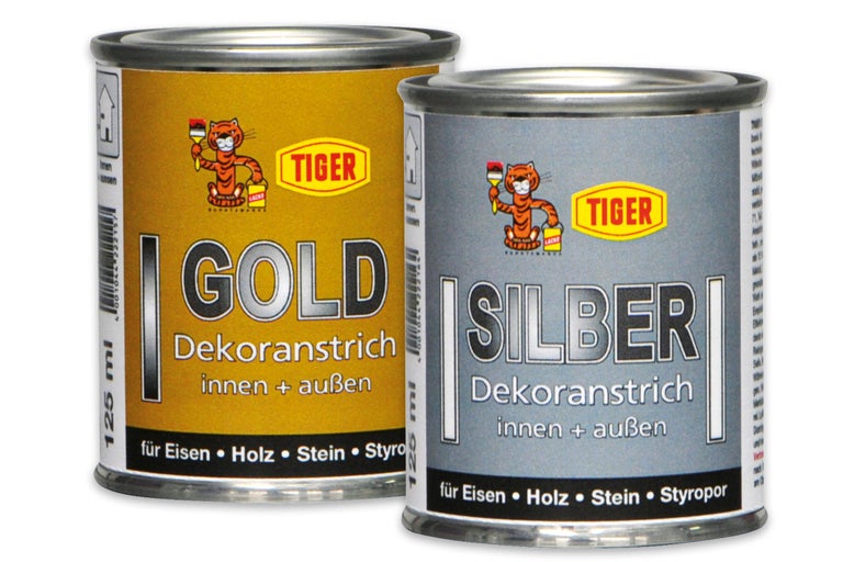 Zwei Dosen Tiger Dekorfarbe Gold und Silber für den Innen- und Außenbereich