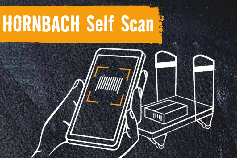 Illustration von Hornbach Self Scan mit einem Smartphone, das einen Barcode scannt, und einem Einkaufswagen