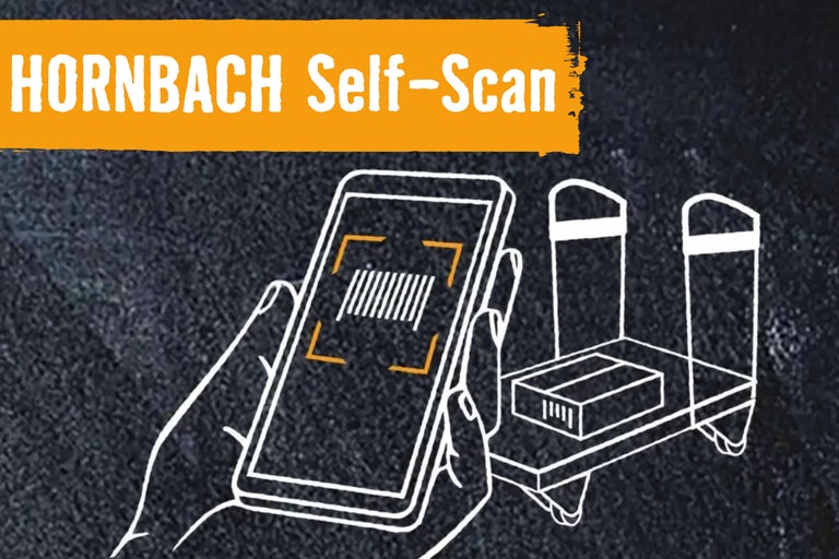 Illustration von Hornbach Self-Scan mit Barcode auf dem Smartphone und Kasse