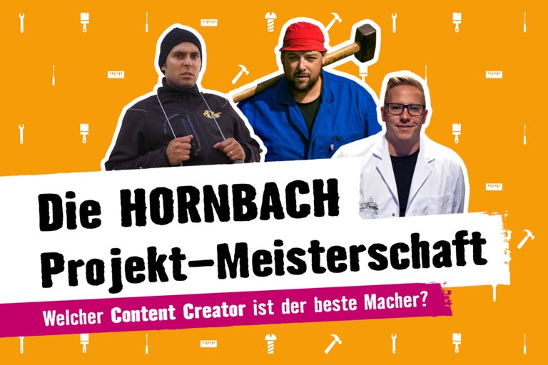 Hornbach Projekt Meisterschaft Werbebild mit drei Personen und Werkzeug Symbolen